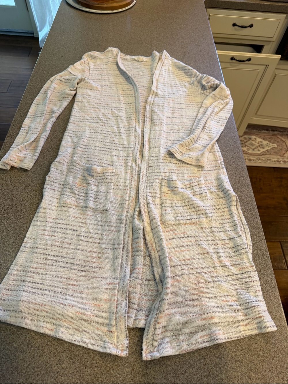 Women's Light Cream Open Front Long Cardigan with Subtle Multicolor Fleck
